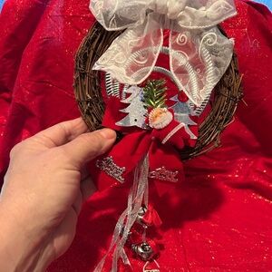 Festive Red and Silver Holiday Wreath- Santa- pine cones and bells